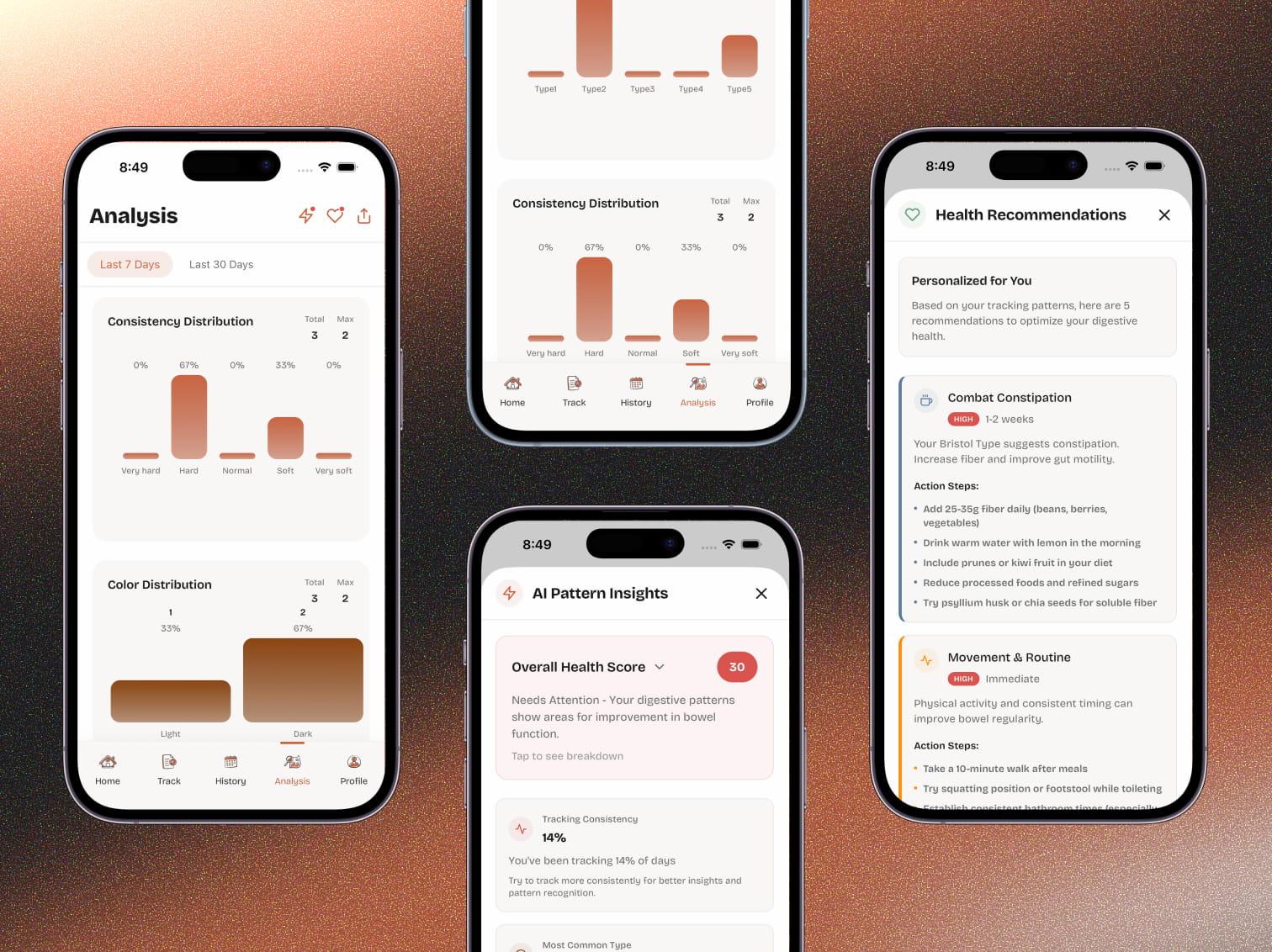 Turdle Analysis screens: consistency and color distribution charts, AI pattern insights, Bristol type distribution, and health recommendations