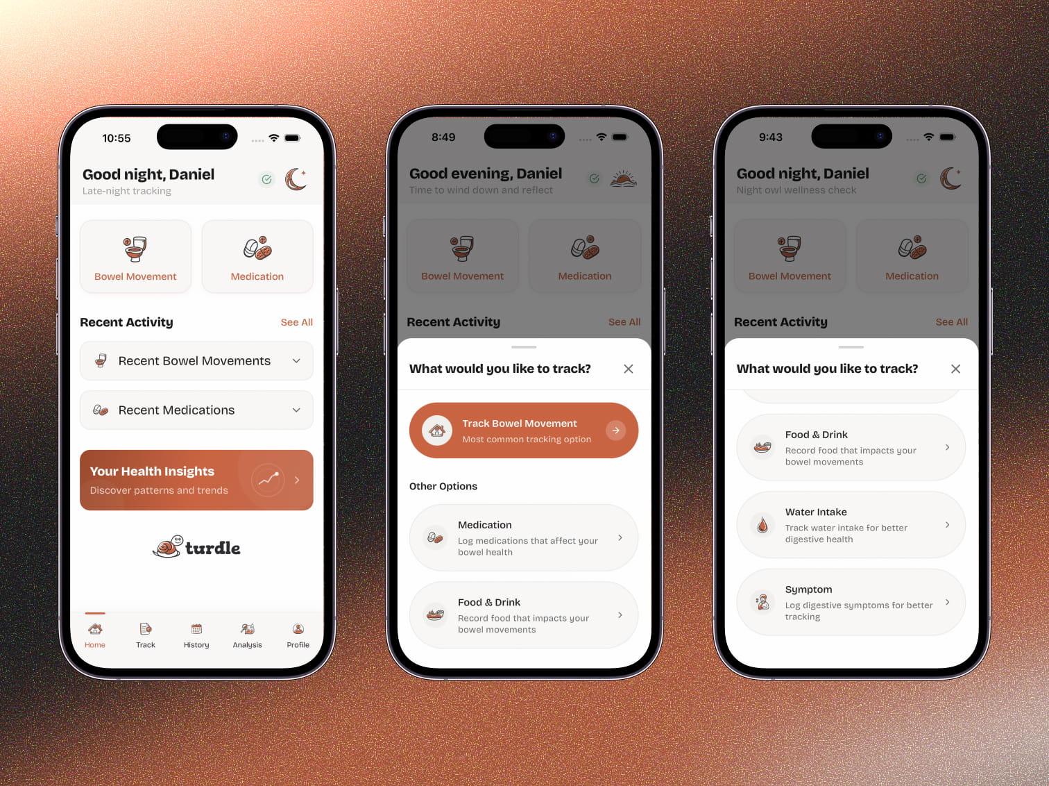 Turdle home and "What would you like to track?" modal showing five tracking domains: bowel movement, medication, food & drink, water intake, and symptoms
