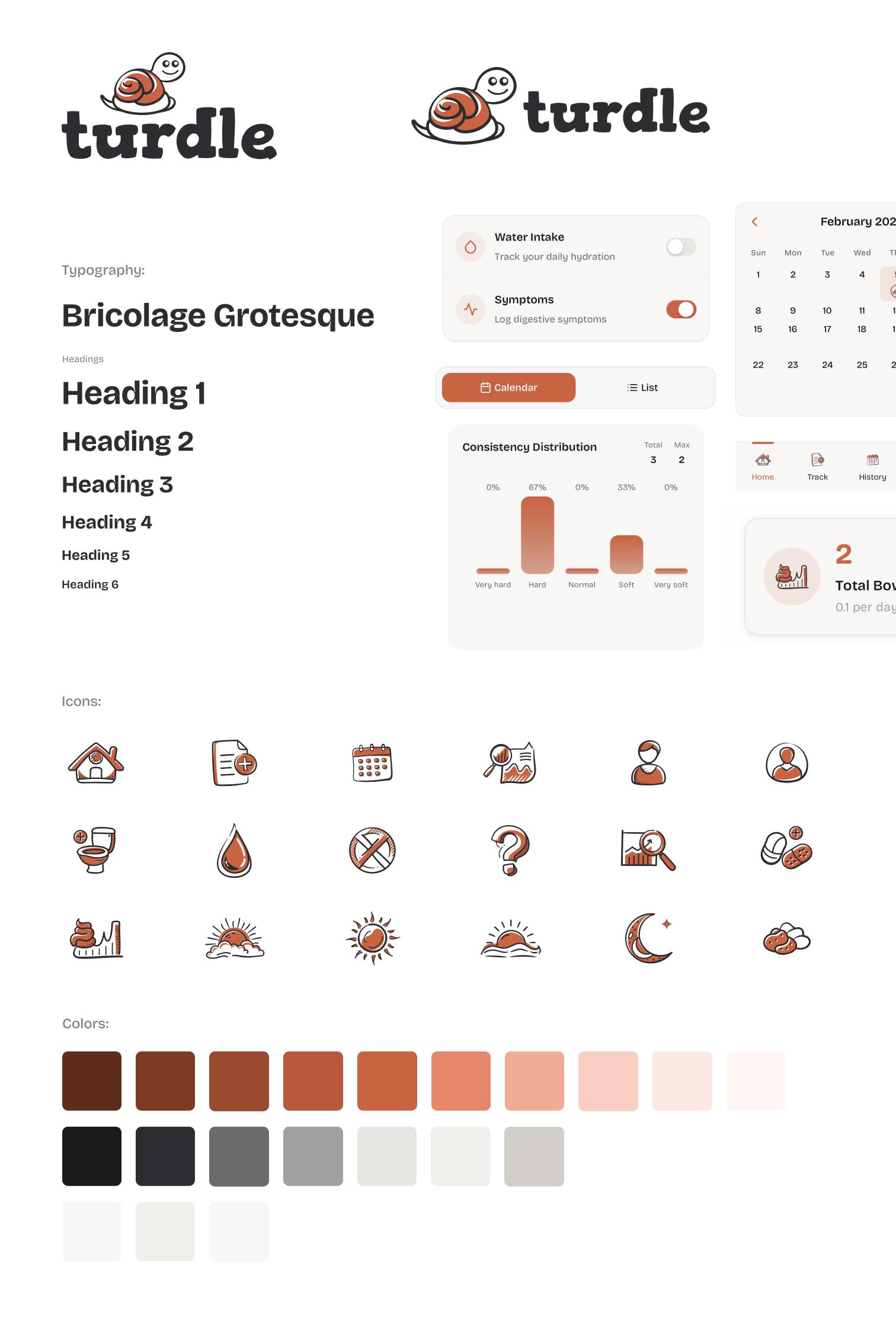 Turdle app theme and style guide showing logos, Bricolage Grotesque typography, UI components, custom illustrated icons, and warm terracotta-to-sage color palette