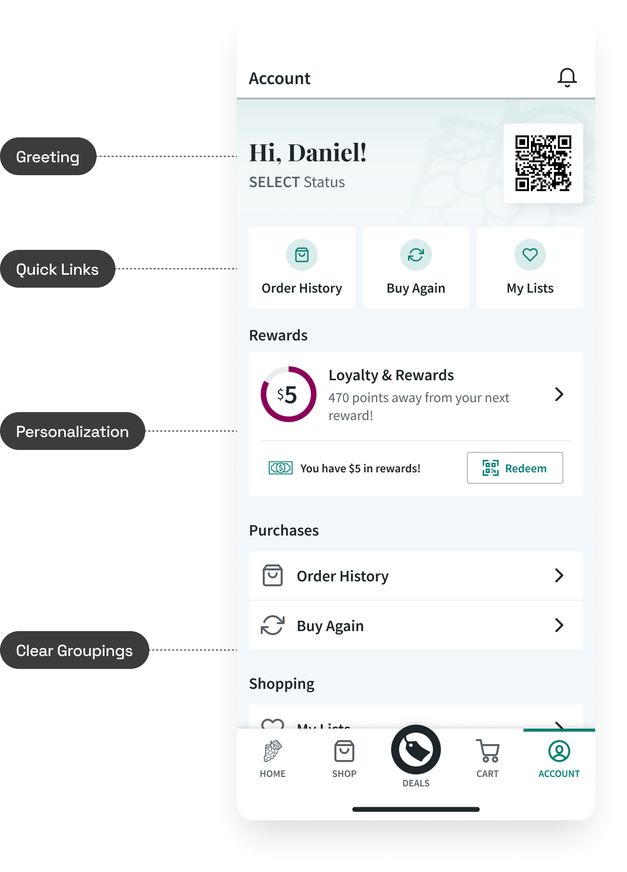Personalization features showing greeting, quick links, and rewards