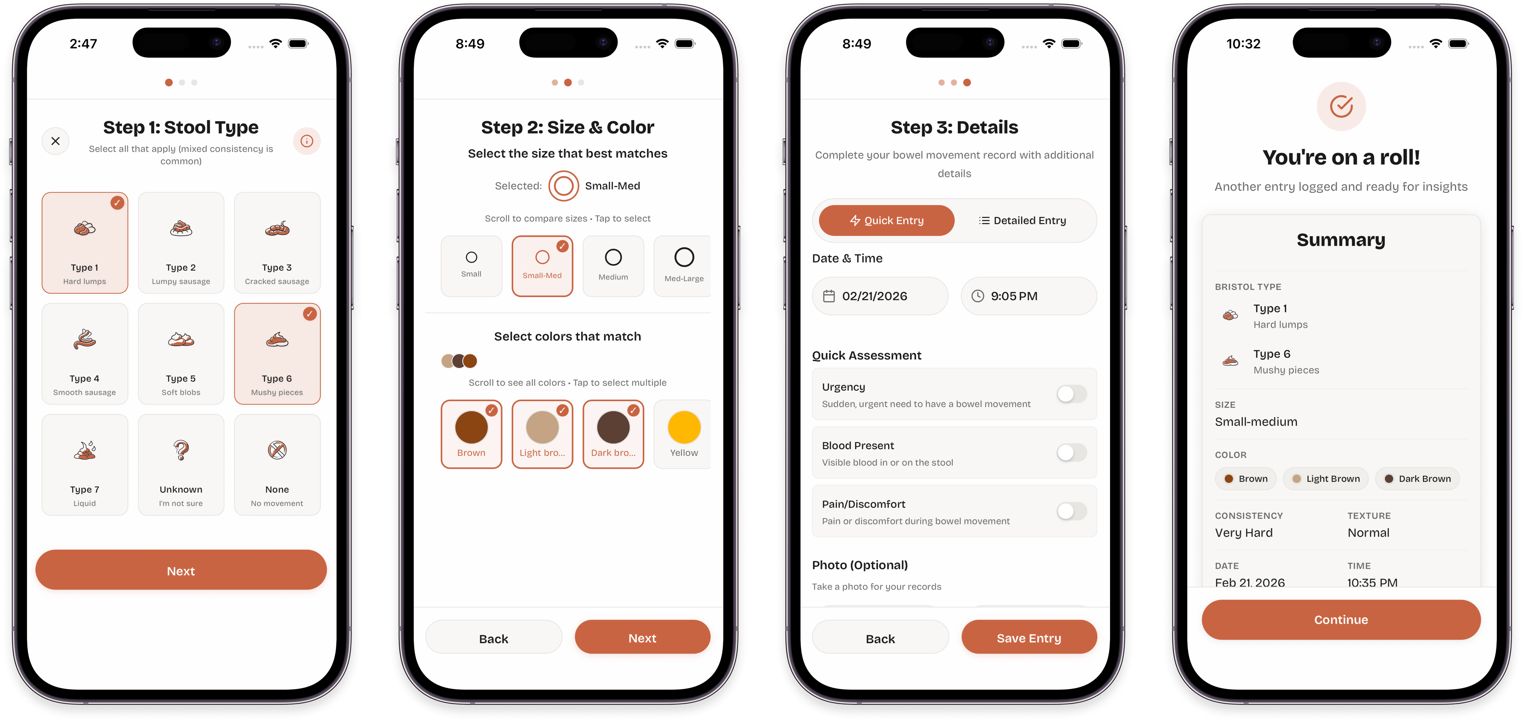 Turdle bowel movement tracking: step-by-step guided flow (Stool Type, Size & Color, Details, and summary confirmation)