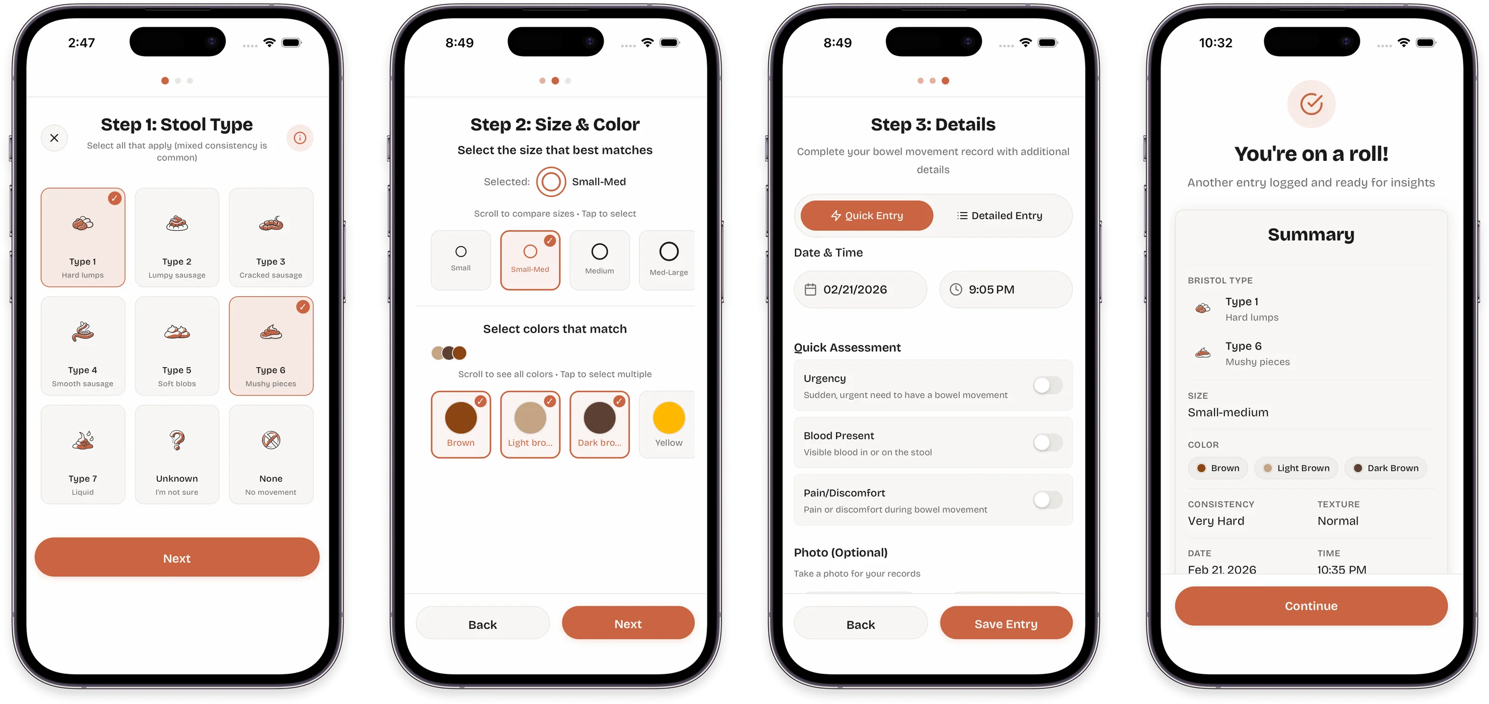 Turdle bowel movement tracking: step-by-step guided flow (Stool Type, Size & Color, Details, and summary confirmation)