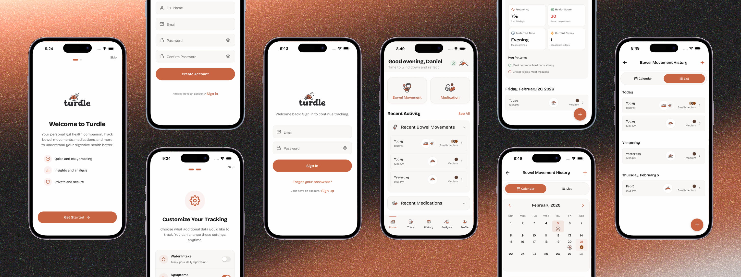 Turdle app overview: onboarding, account, home dashboard, tracking, history, and analysis screens
